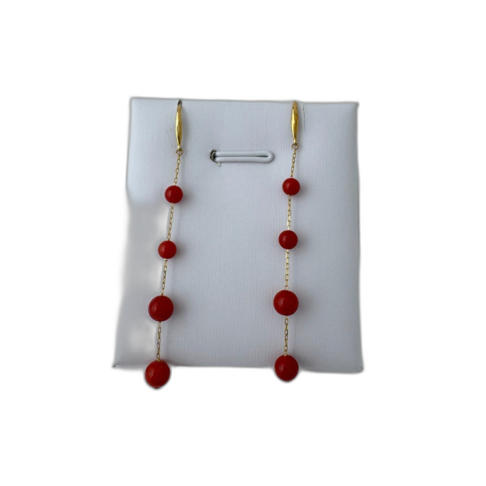 Solid 18K Gold Red Coral Multi-Bead Drop Hook Earrings